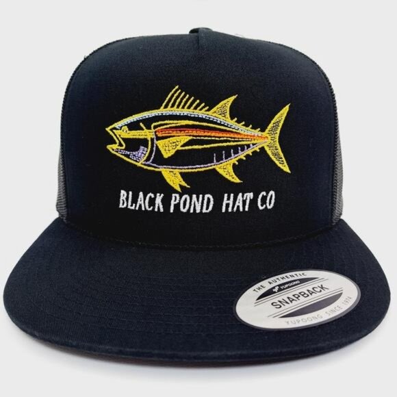 Fishing Boating Unique Black Pond Hat Co. Flat Bill Trucker Mesh USA Made Retro